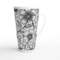 Set of 3 Cups, Floral, Large 17oz Latte Ceramic Mugs - Extra Tall Cup Set