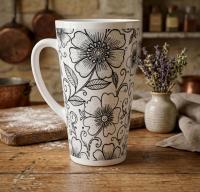 Set of 3 Cups, Floral, Large 17oz Latte Ceramic Mugs - Extra Tall Cup Set