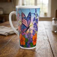 Set of 3 Cups, Butterfly, 17oz Latte Ceramic Mugs Set - Extra Tall Cup Set