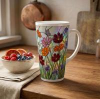 Set of 3 Cups, Floral, Large 17oz Latte Ceramic Mugs - Extra Tall Cup Set