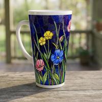 Set of 3 Cups, Floral, Large 17oz Latte Ceramic Mugs - Extra Tall Cup Set