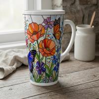 Set of 3 Cups, Butterfly, 17oz Latte Ceramic Mugs Set - Extra Tall Cup Set