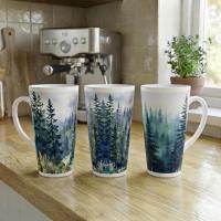 Set of 4 Cups, Forest, Large 17oz Latte Ceramic Mugs - Extra Tall Cup Set