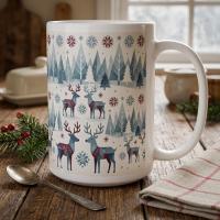 Set of Big Mugs, Christmas Mugs, Reindeer, Large 15 oz Matching Cups