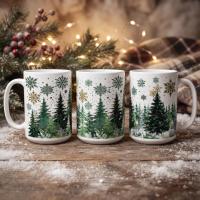 Set of Big Mugs, Christmas Trees Set, Large 15 oz Matching Cups