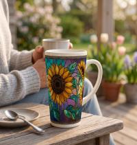 Set of 3 Cups, Floral, Large 17oz Latte Ceramic Mugs - Extra Tall Cup Set