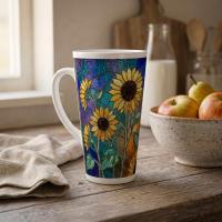 Set of 3 Cups, Floral, Large 17oz Latte Ceramic Mugs - Extra Tall Cup Set