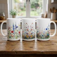 Set of Big Mugs, Floral Cup Set, Large 15 oz Matching Cups