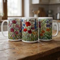 Set of Big Mugs, Floral Cup Set, Large 15 oz Matching Cups