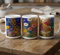 Set of Big Mugs, Floral Cup Set, Large 15 oz Matching Cups