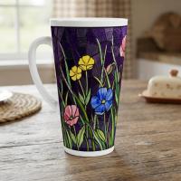 Set of 3 Cups, Floral, Large 17oz Latte Ceramic Mugs - Extra Tall Cup Set
