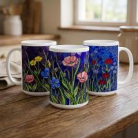 Set of Big Mugs, Floral Cup Set, Large 15 oz Matching Cups