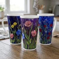 Set of 3 Cups, Floral, Large 17oz Latte Ceramic Mugs - Extra Tall Cup Set
