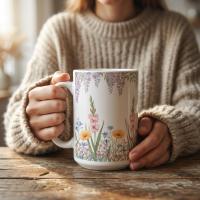 Large and Small Mugs - Floral - 11oz and 15oz Ceramic Cup Set