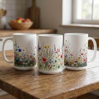 Set of Big Mugs, Floral Cup Set, Large 15 oz Matching Cups