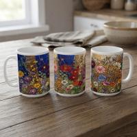 Set of Big Mugs, Floral Cup Set, Large 15 oz Matching Cups