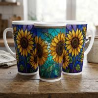 Set of 3 Cups, Floral, Large 17oz Latte Ceramic Mugs - Extra Tall Cup Set