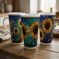 Set of 3 Cups, Floral, Large 17oz Latte Ceramic Mugs - Extra Tall Cup Set