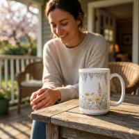 Large and Small Mugs - Floral - 11oz and 15oz Ceramic Cup Set