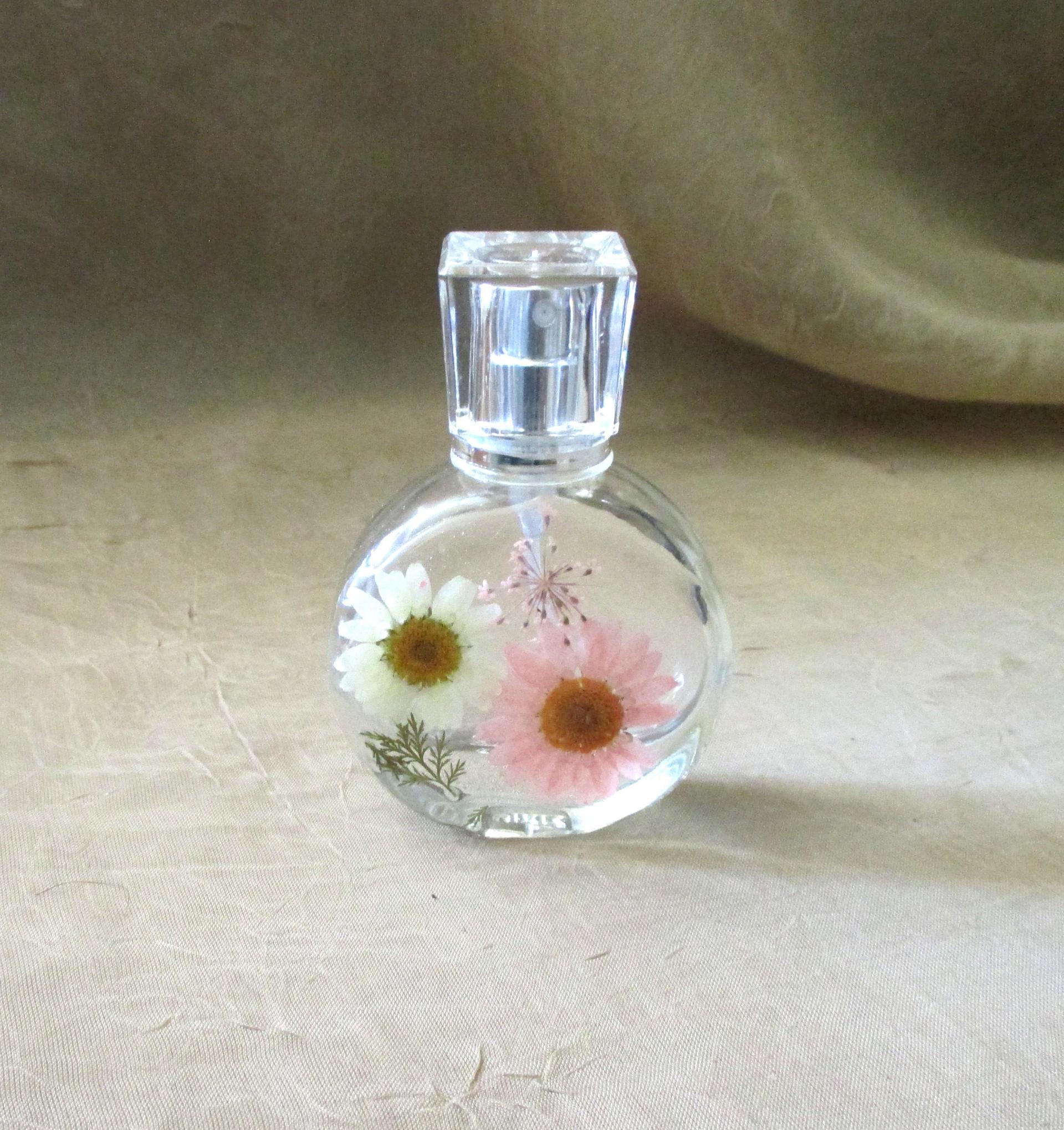 Floral Perfume Bottles, 1 ounce Small Spray Mister, Round Bottles, Flowers in Resin