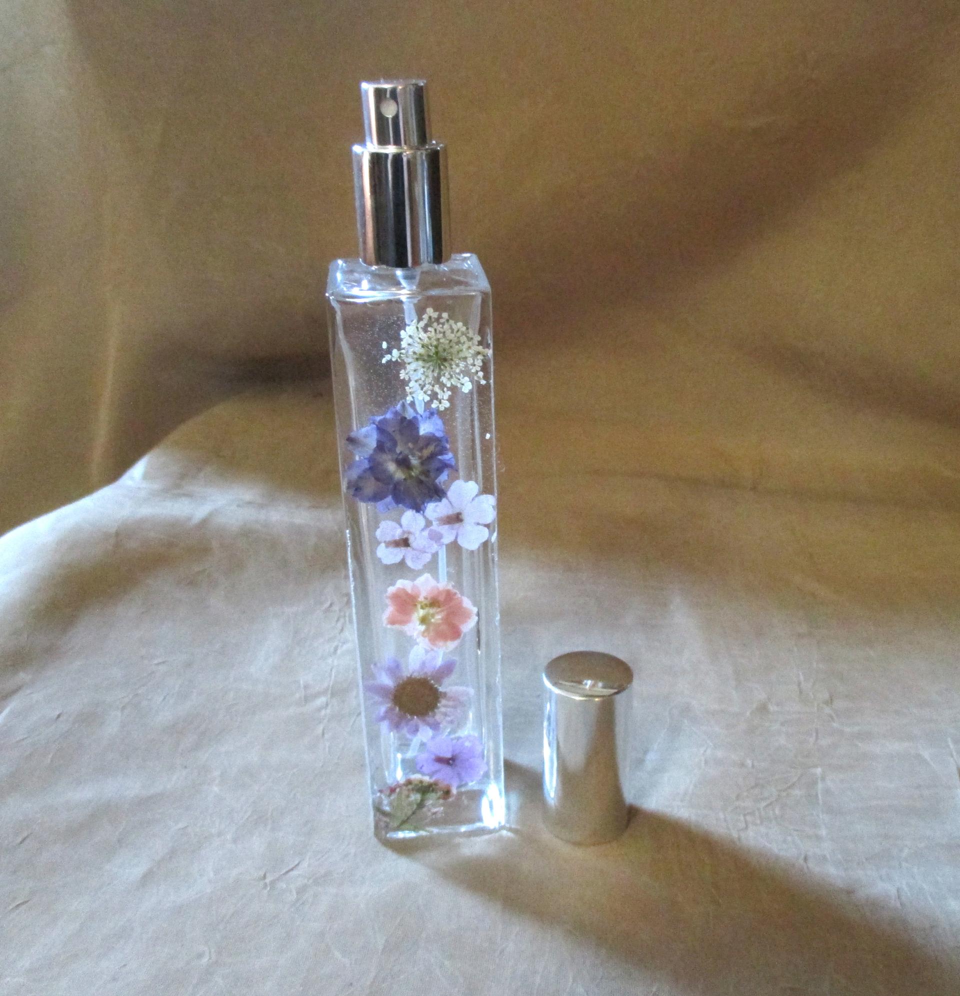 Floral Perfume Bottles, Spray Mister, Tall Square Bottles, Flowers in Resin