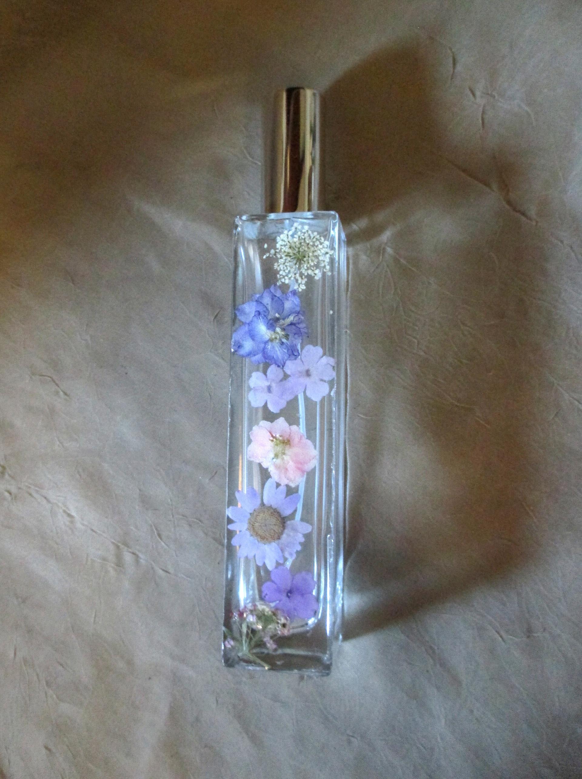 Floral Perfume Bottles, Spray Mister, Tall Square Bottles, Flowers in Resin