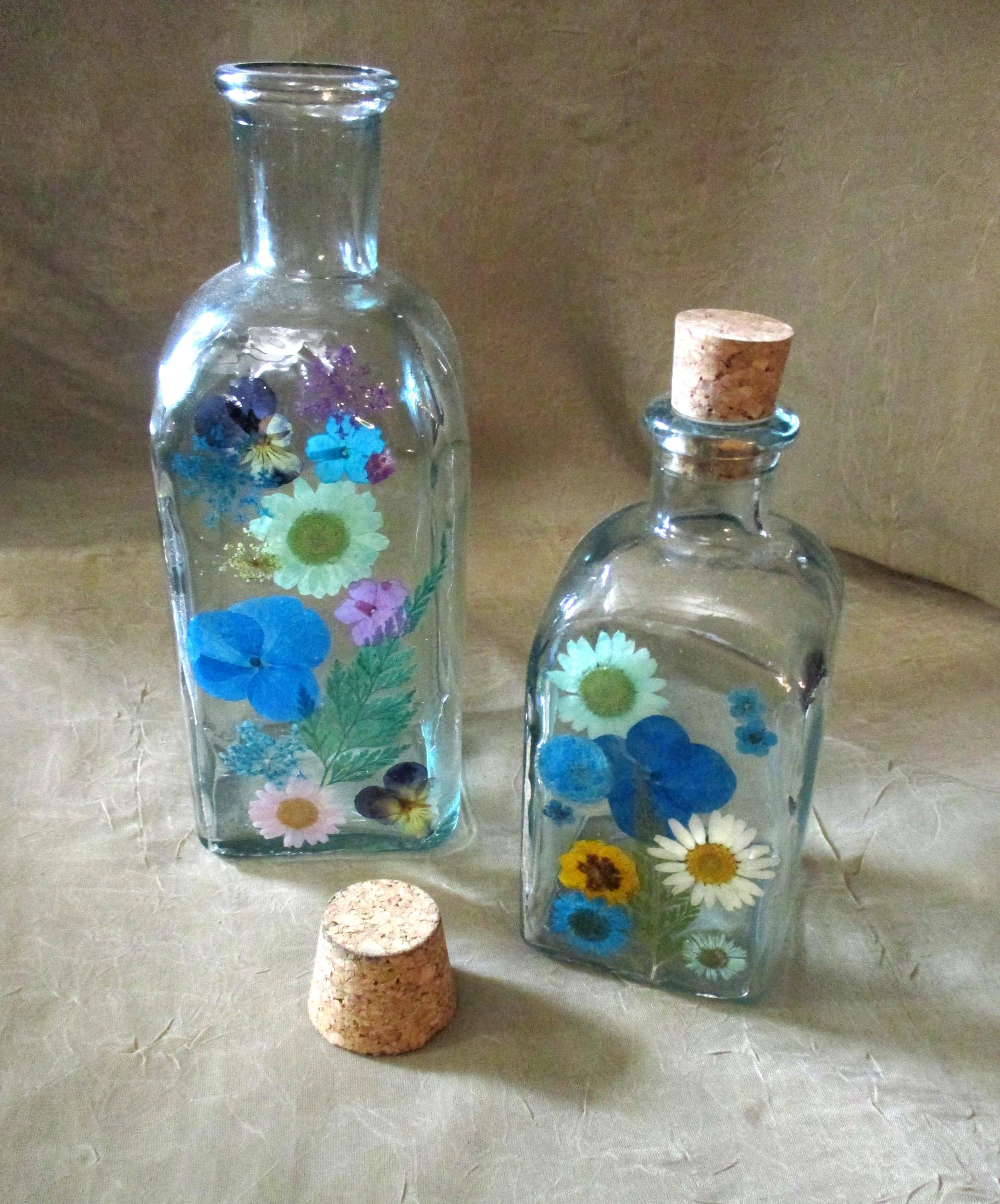 Floral Bottles, Large Jars - 8oz and 17oz - Glass Bottles with Epoxy, Flowers in Resin