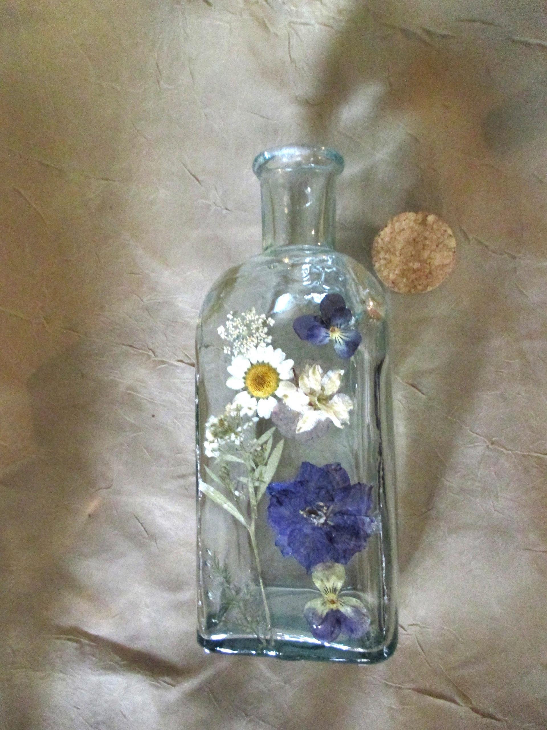 Floral Bottles, Large  Cork Jars - 8oz and 17oz - Glass Bottles with Epoxy, Flowers in Resin