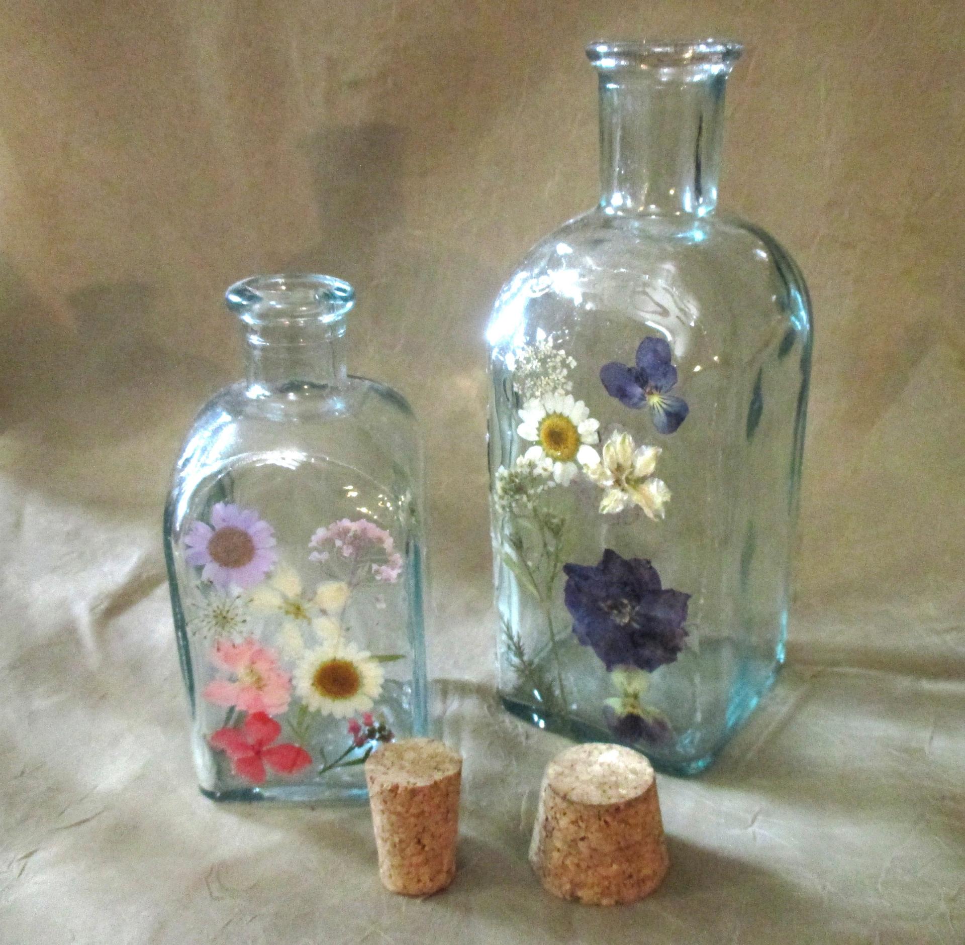 Floral Bottles, Large  Cork Jars - 8oz and 17oz - Glass Bottles with Epoxy, Flowers in Resin