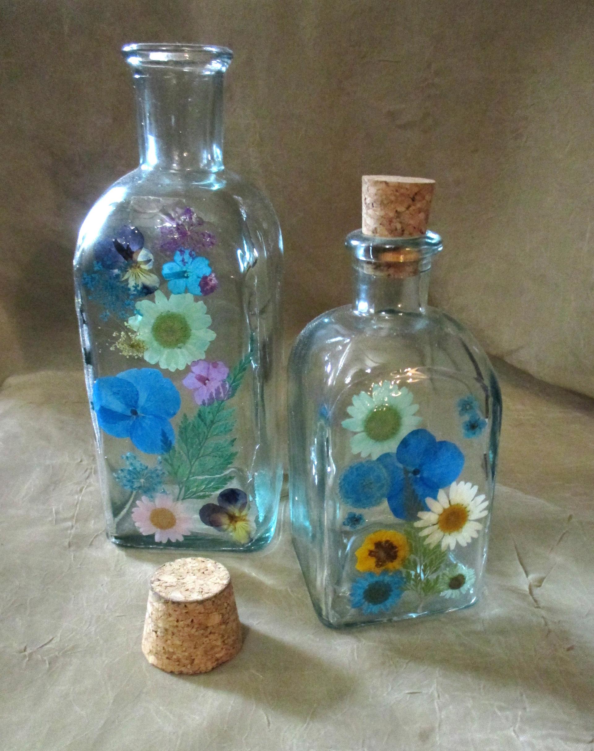 Floral Bottles, Large Jars - 8oz and 17oz - Glass Bottles with Epoxy, Flowers in Resin