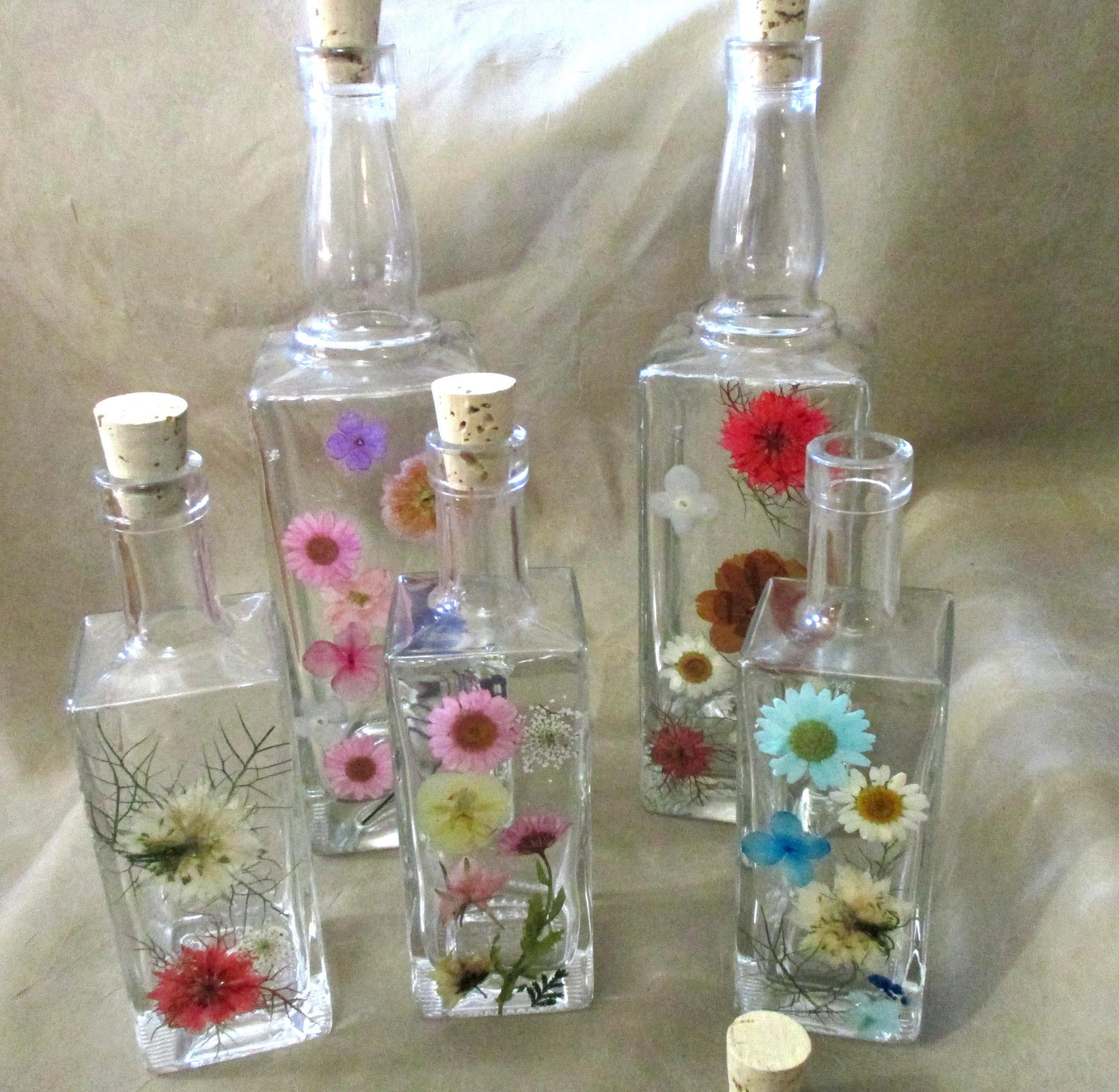 Large Floral Cork Bottle, Decorative Bottle - 8oz and 17oz - Glass Bottle with Dried Flowers embedded in Resin