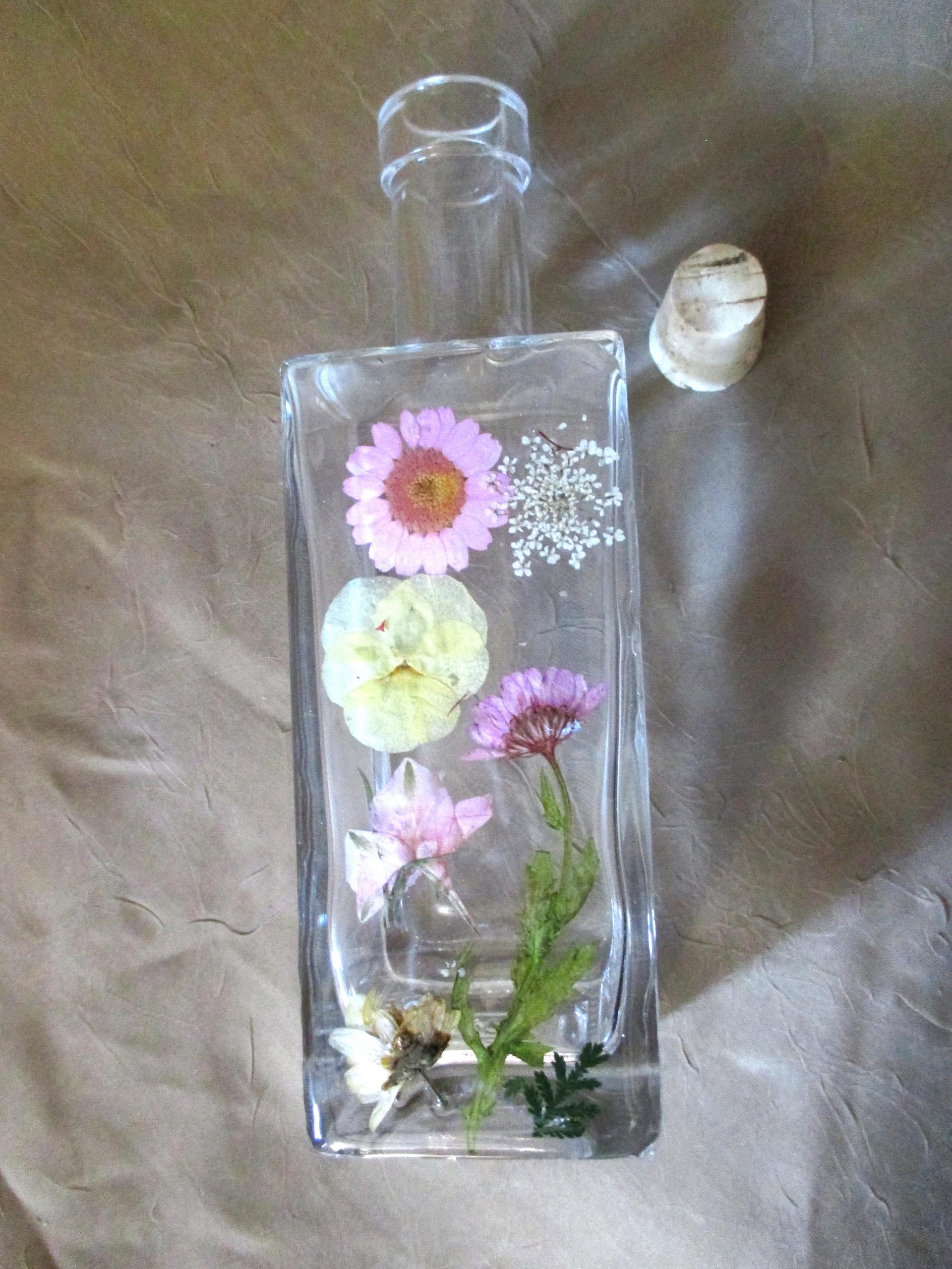 Large Floral Cork Bottle, Decorative Bottle - 8oz and 17oz - Glass Bottle with Dried Flowers embedded in Resin