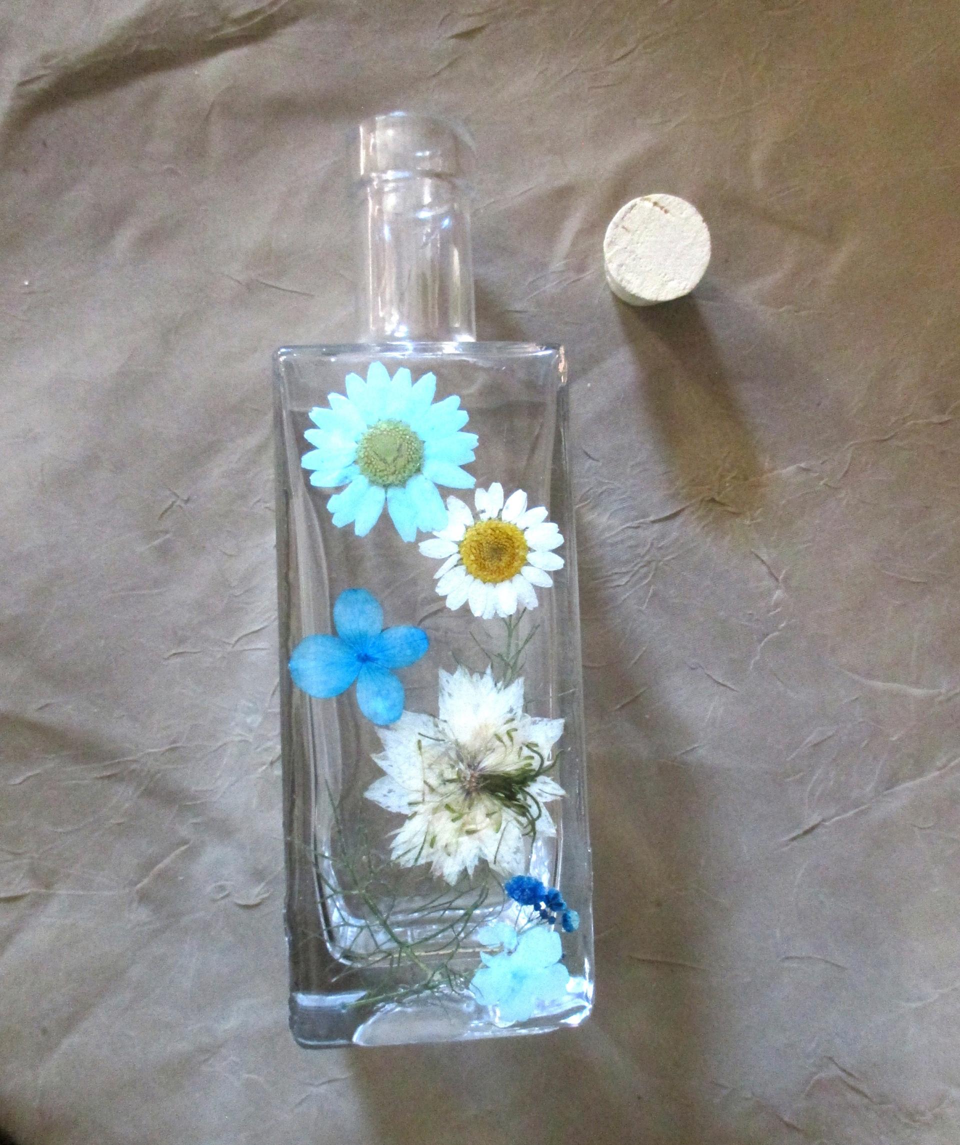 Large Floral Cork Bottle, Decorative Bottle - 8oz and 17oz - Glass Bottle with Dried Flowers embedded in Resin