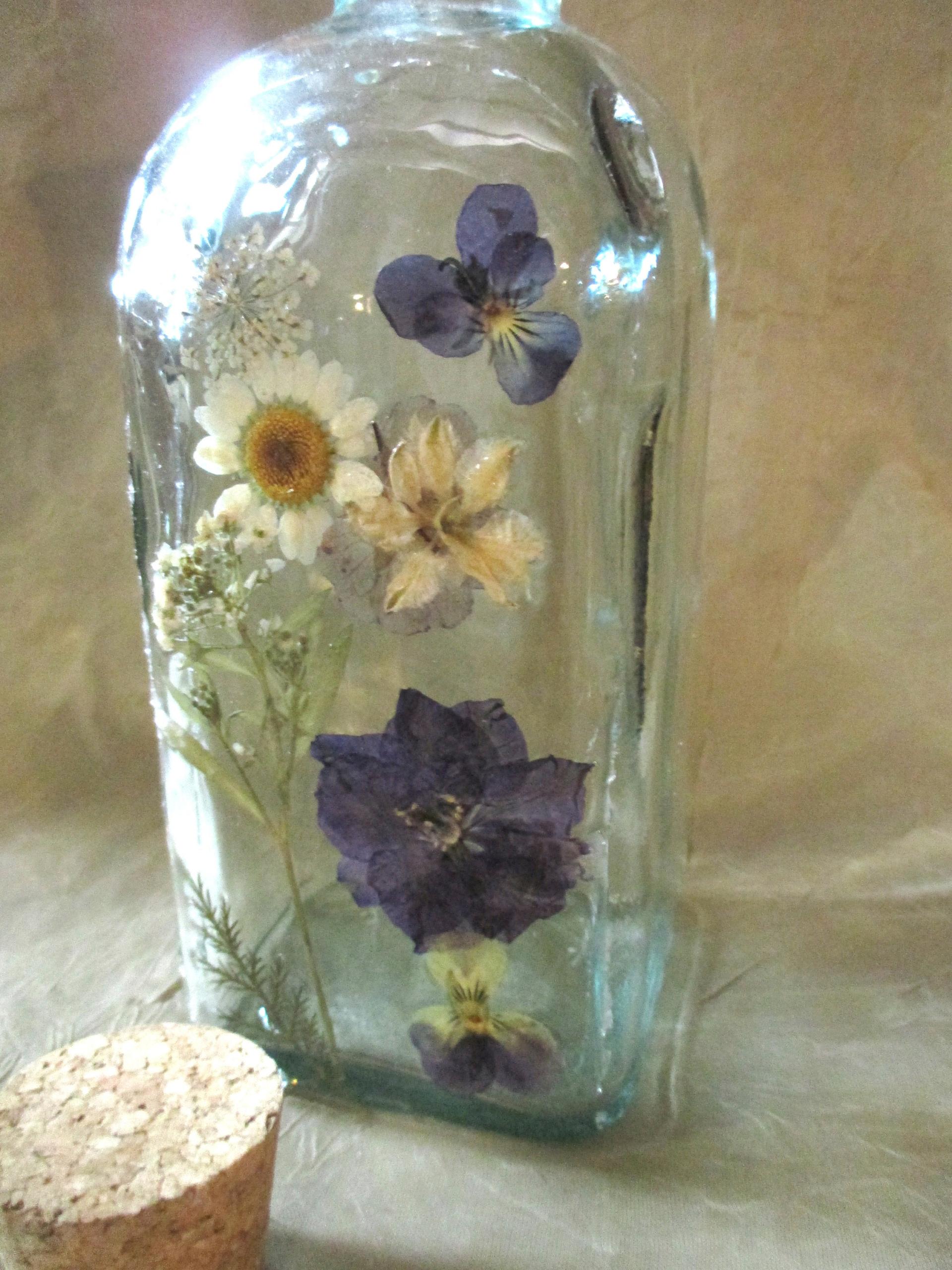 Floral Bottles, Large  Cork Jars - 8oz and 17oz - Glass Bottles with Epoxy, Flowers in Resin