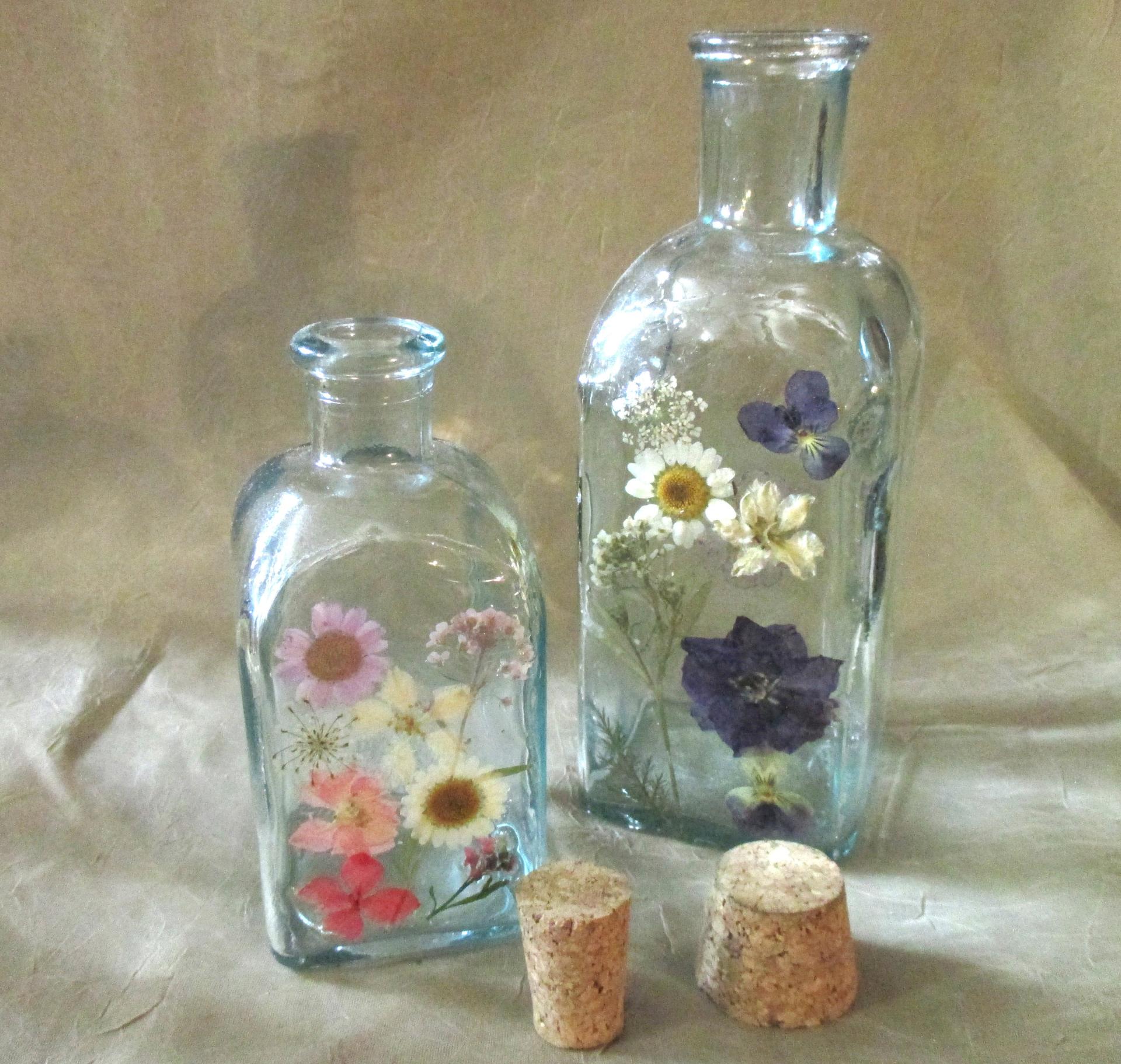 Floral Bottles, Large  Cork Jars - 8oz and 17oz - Glass Bottles with Epoxy, Flowers in Resin