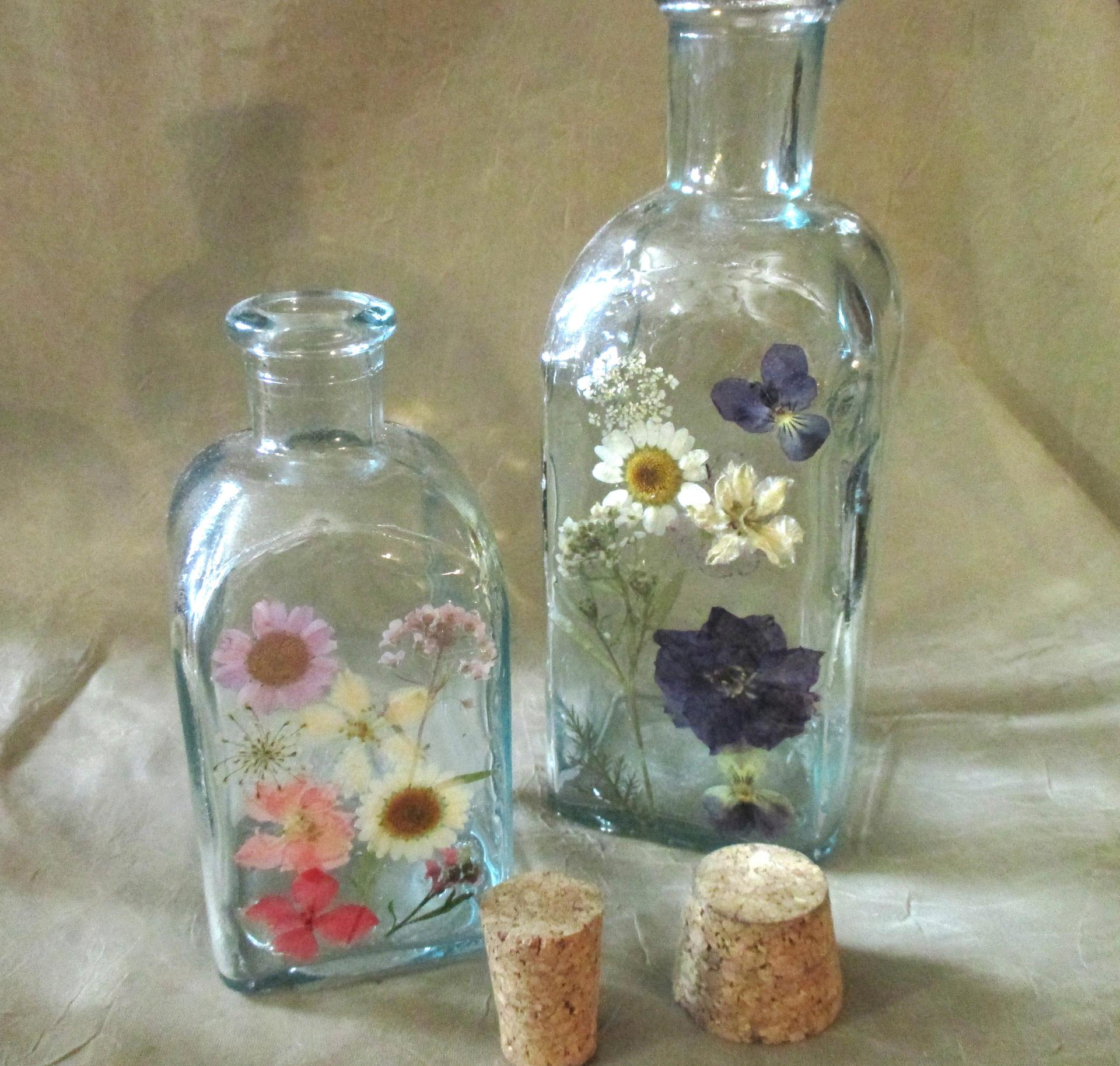 Floral Bottles, Large  Cork Jars - 8oz and 17oz - Glass Bottles with Epoxy, Flowers in Resin