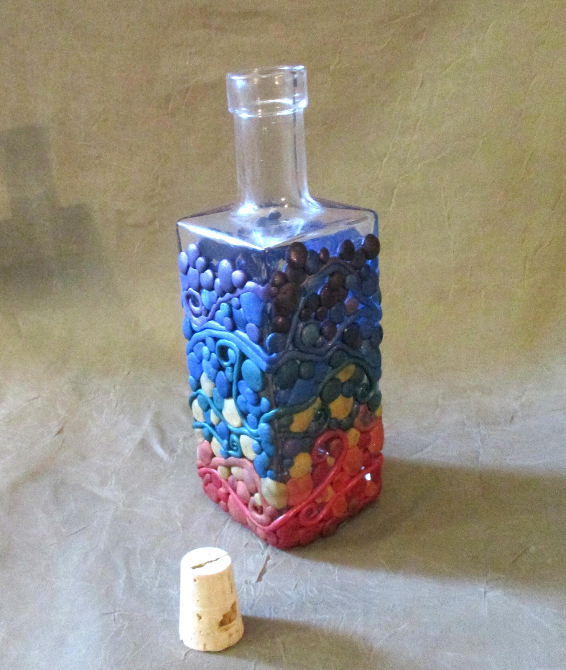 Large Cork Bottle, Decorative Bottle - 8oz - Glass Bottle with Polymer Clay