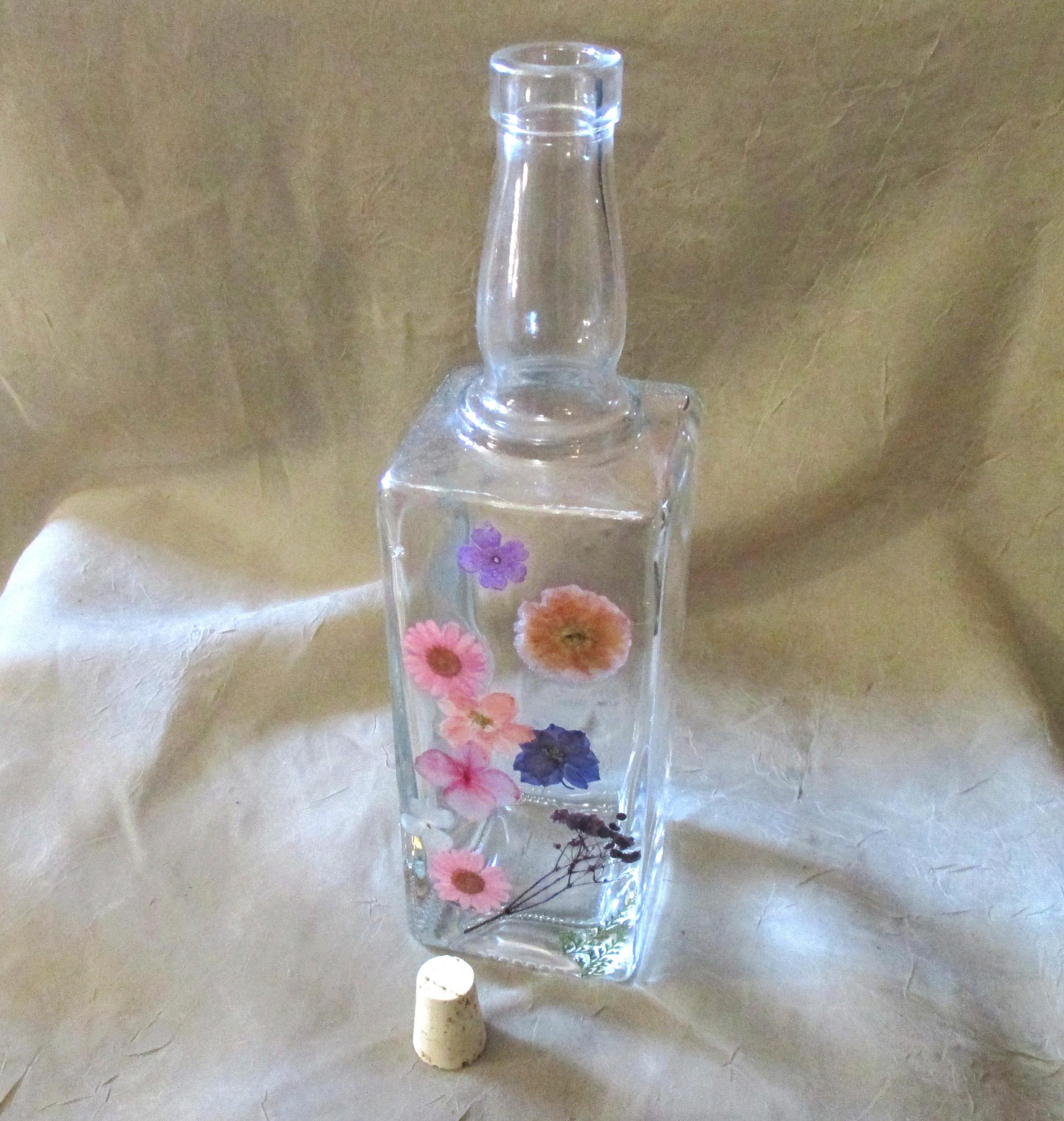 Large Floral Cork Bottle, Decorative Bottle - 8oz and 17oz - Glass Bottle with Dried Flowers embedded in Resin