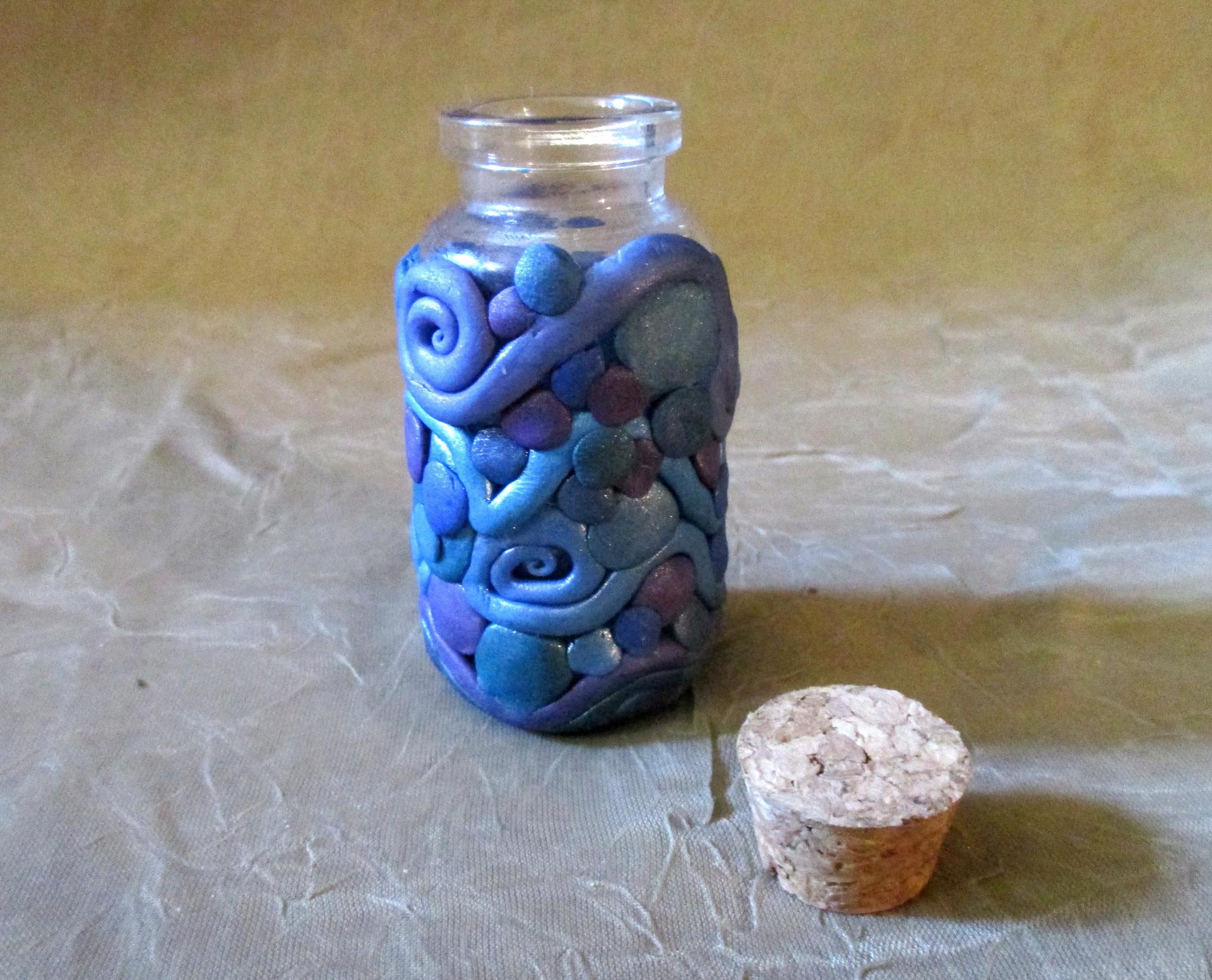 Decorated Jar with Cork - Handmade Small Jars - Polymer Clay on Glass Jars