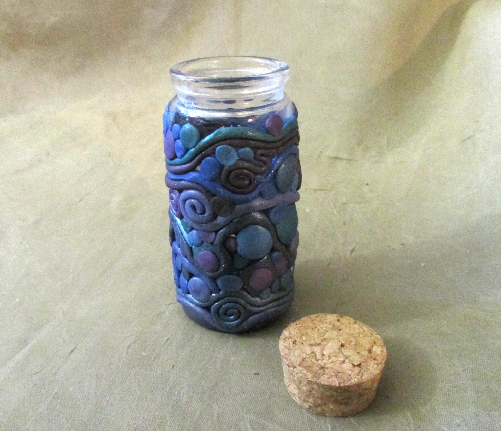 Decorated Jar with Cork - Handmade Small Jars - Polymer Clay on Glass Jars