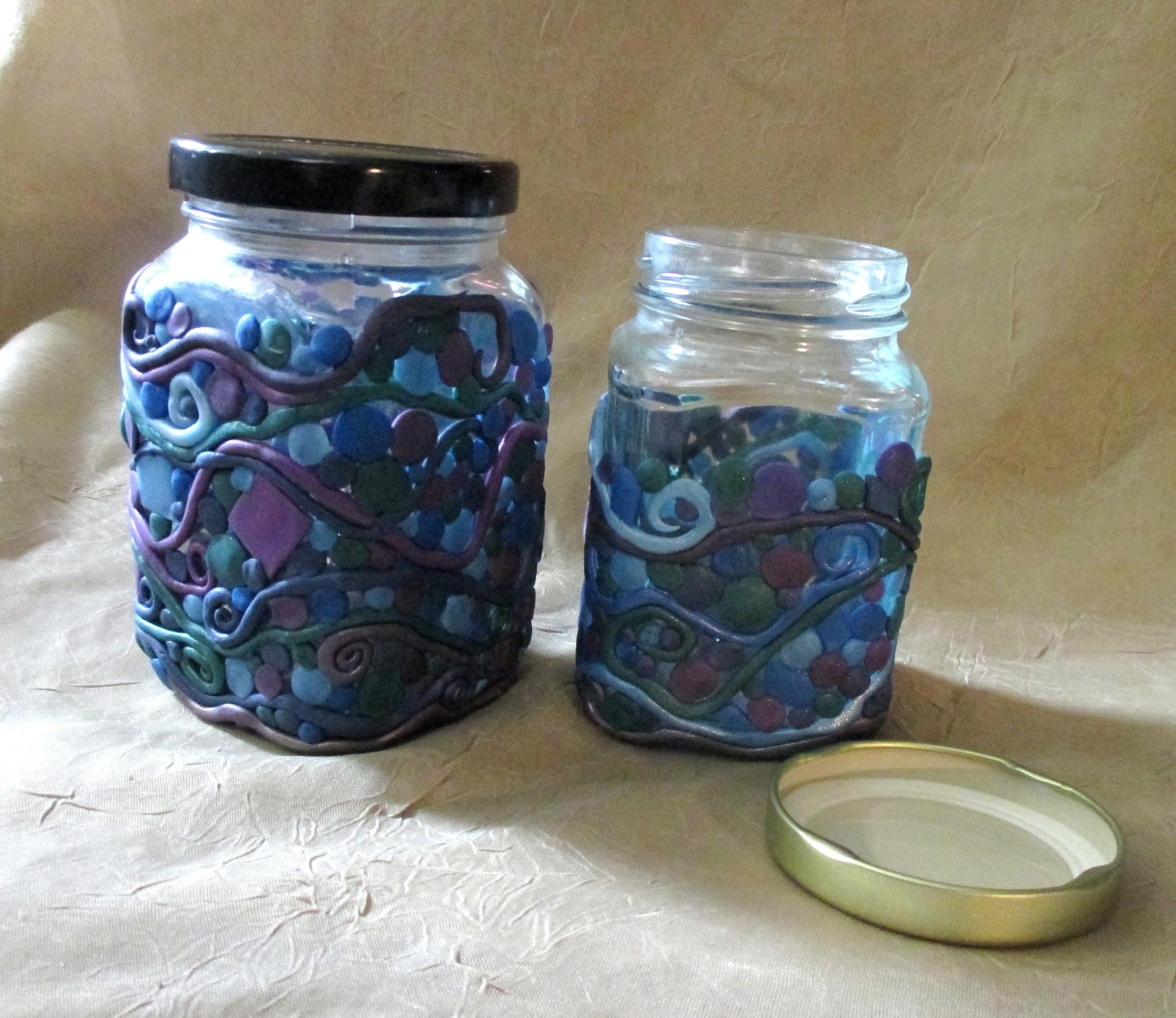 Decorated Jar with Lid - Handmade Jars - Polymer Clay on Glass Jars