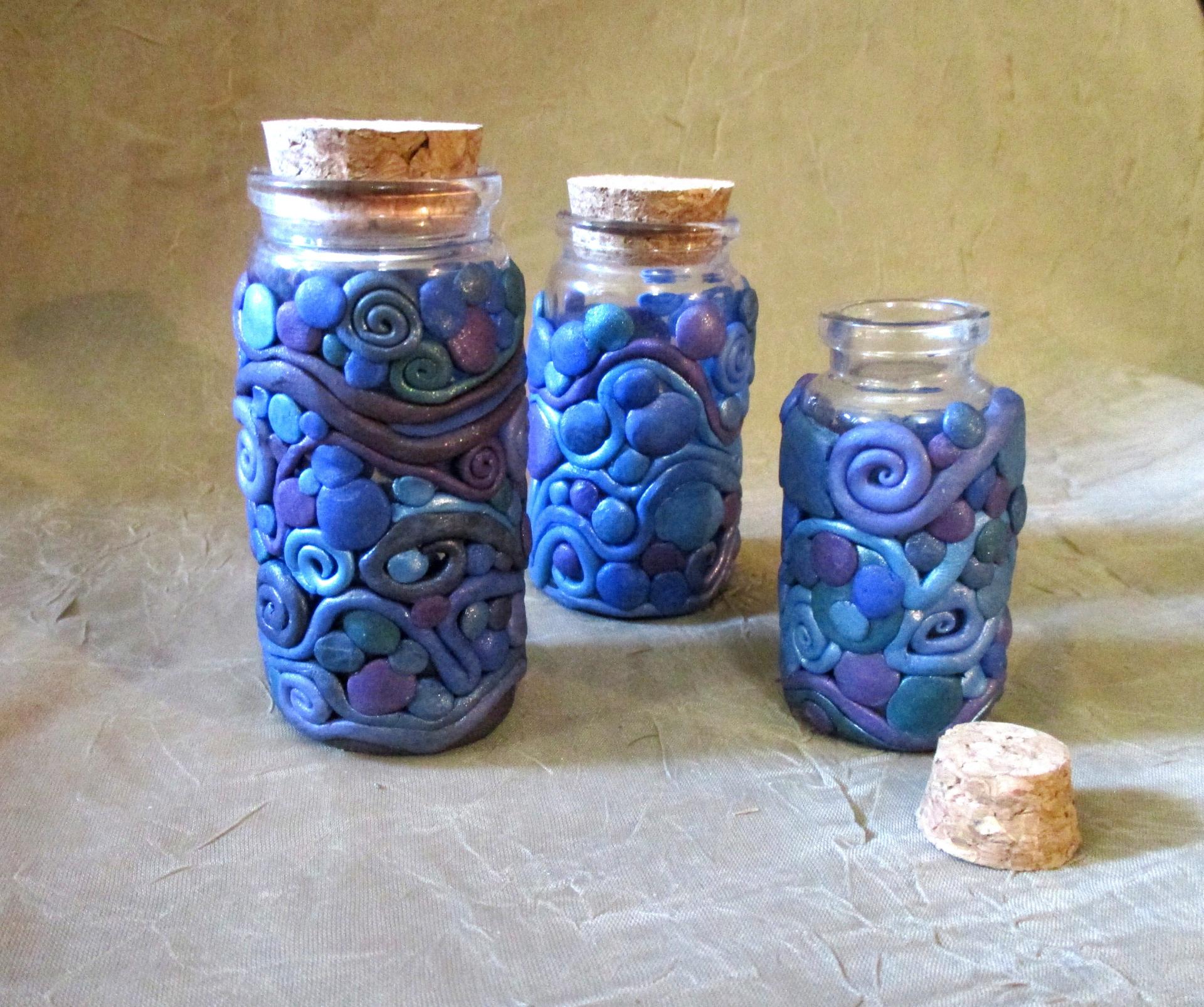 Decorated Jar with Cork - Handmade Small Jars - Polymer Clay on Glass Jars