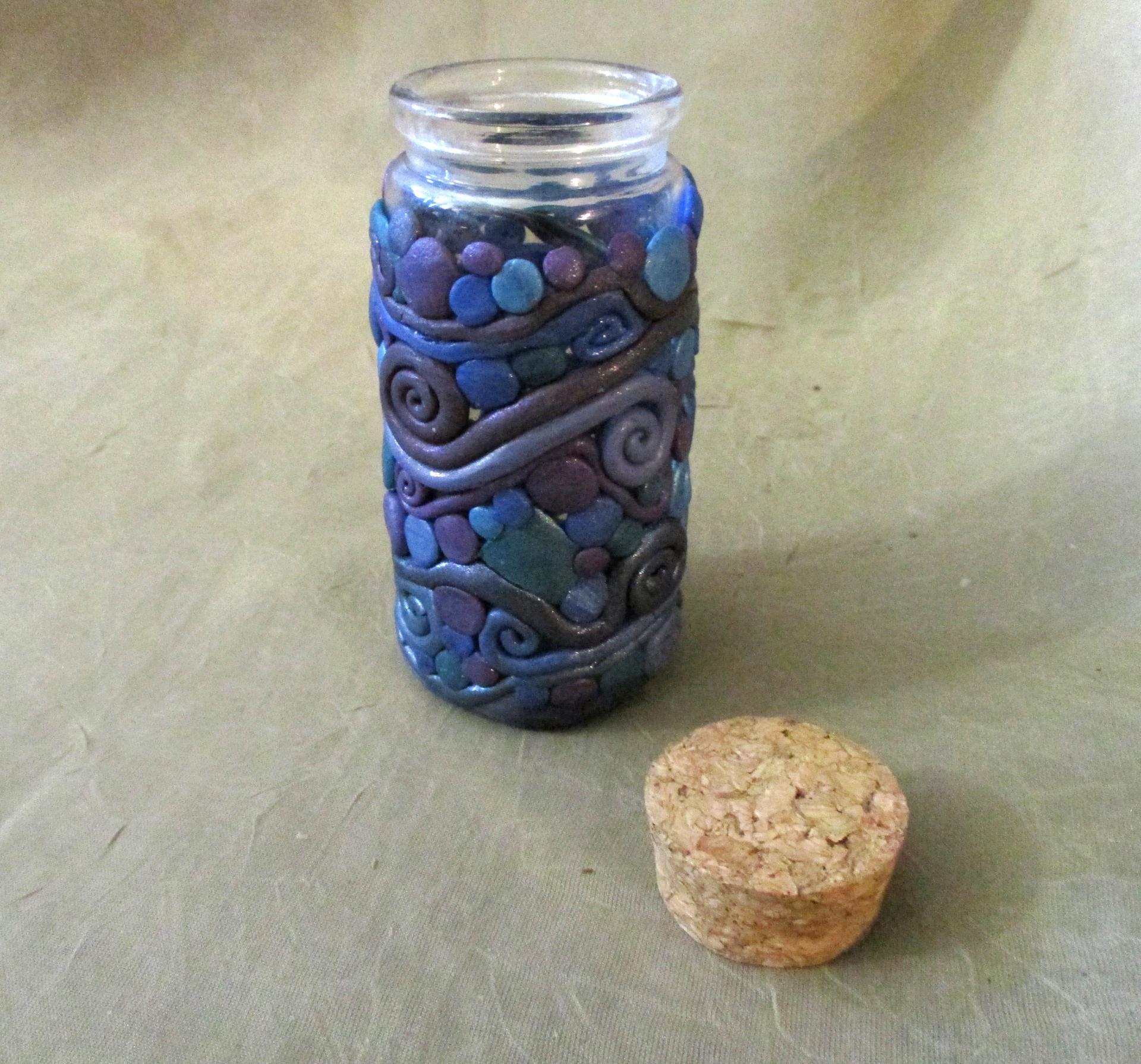 Decorated Jar with Cork - Handmade Small Jars - Polymer Clay on Glass Jars