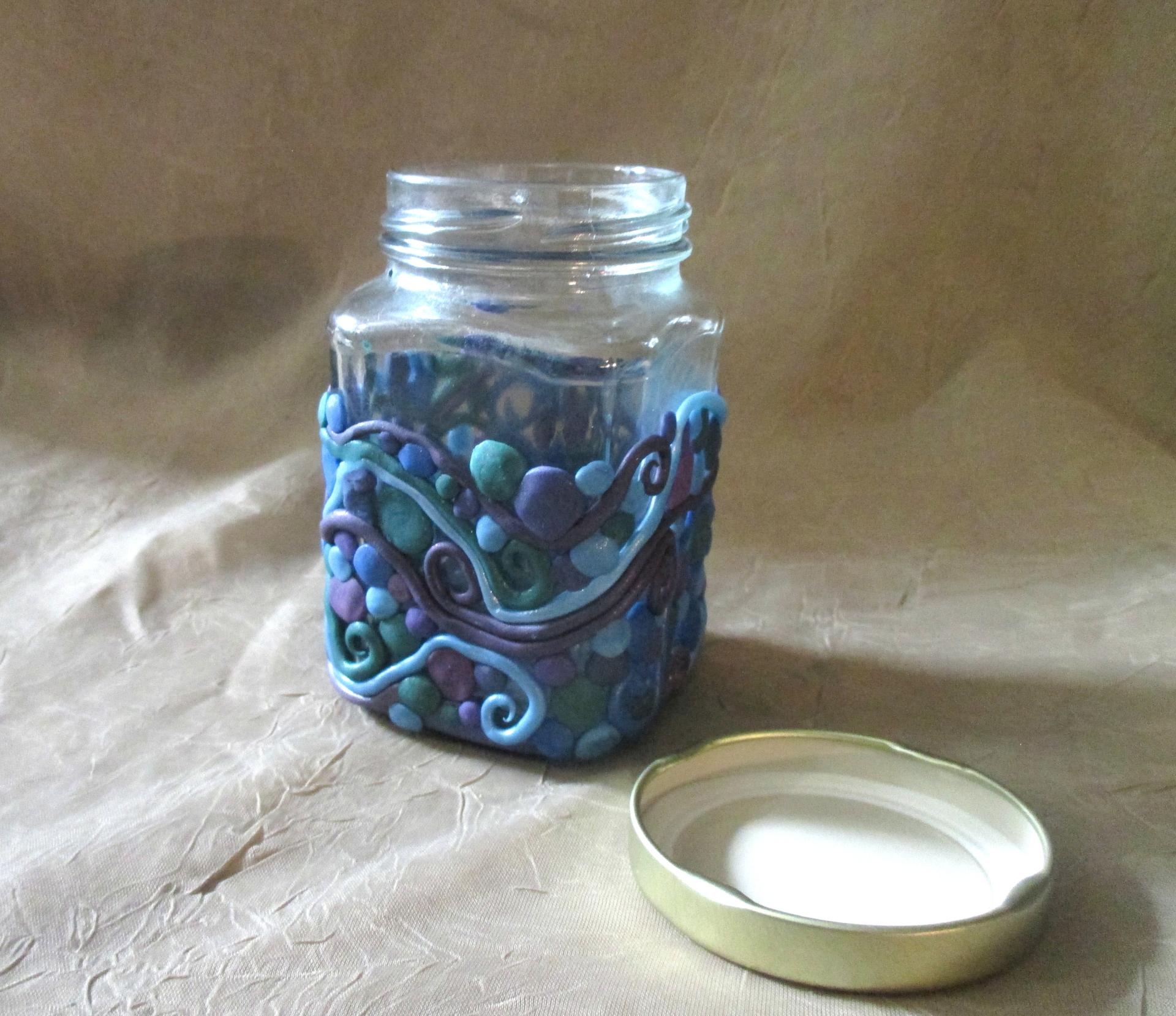 Decorated Jar with Lid - Handmade Jars - Polymer Clay on Glass Jars