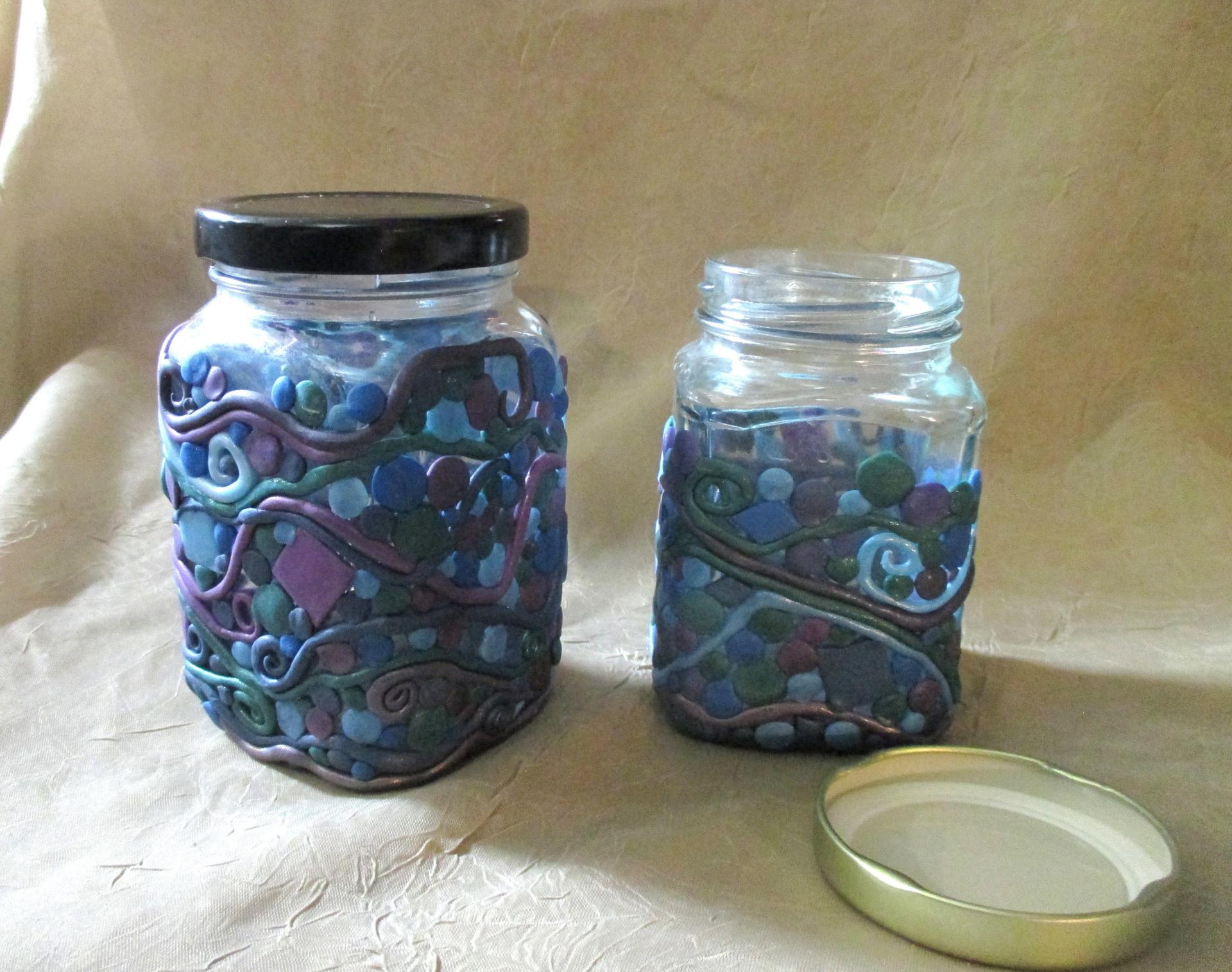 Decorated Jar with Lid - Handmade Jars - Polymer Clay on Glass Jars