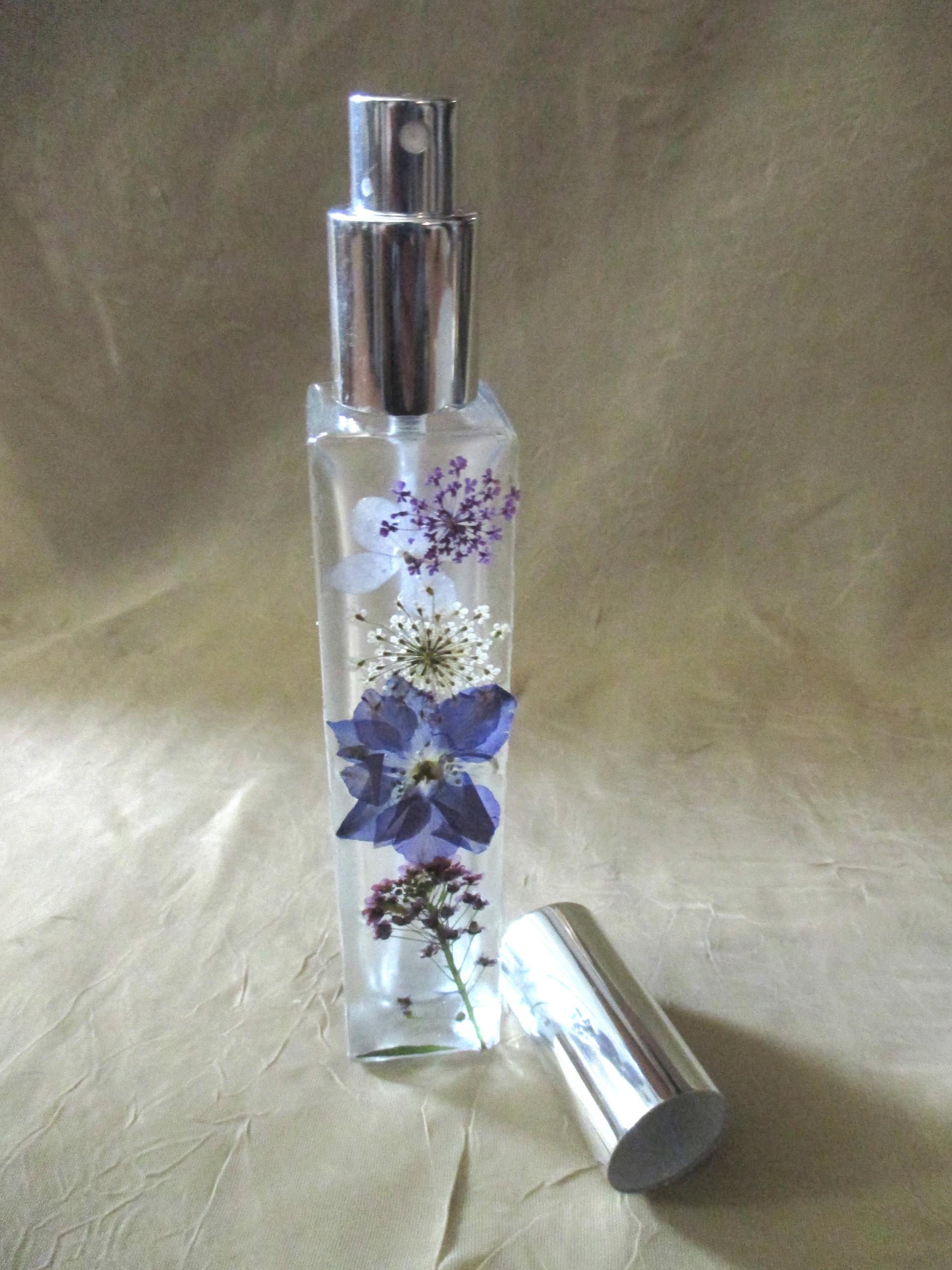 Floral Perfume Bottles, Spray Mister, Tall Square Bottles, Flowers in Resin