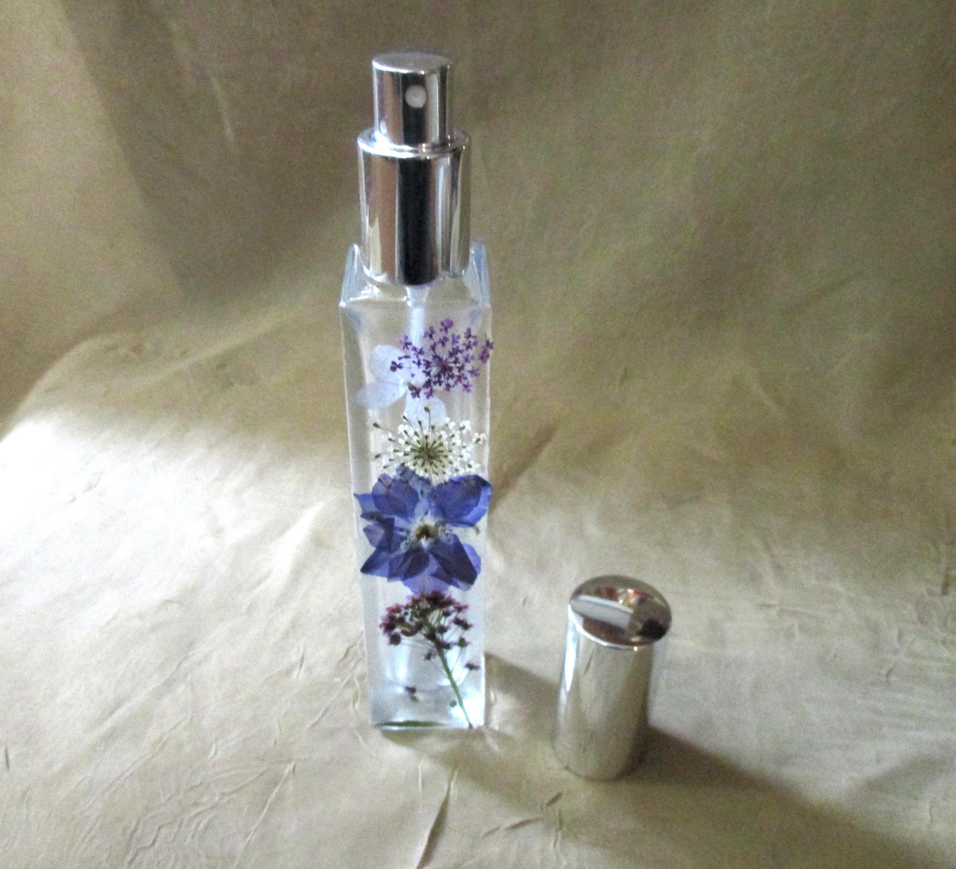Floral Perfume Bottles, Spray Mister, Tall Square Bottles, Flowers in Resin
