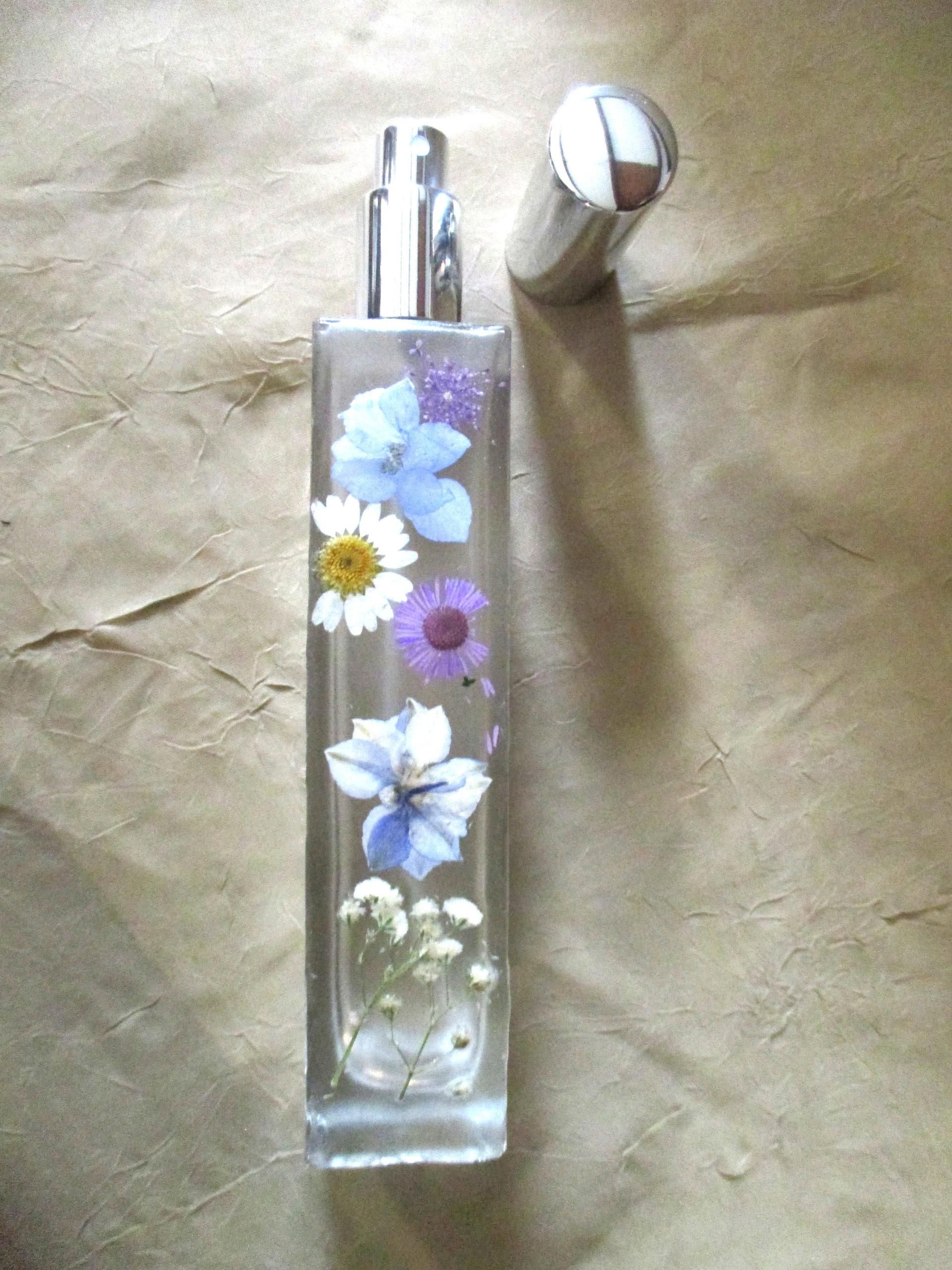 Floral Perfume Bottles, Spray Mister, Tall Square Bottles, Flowers in Resin