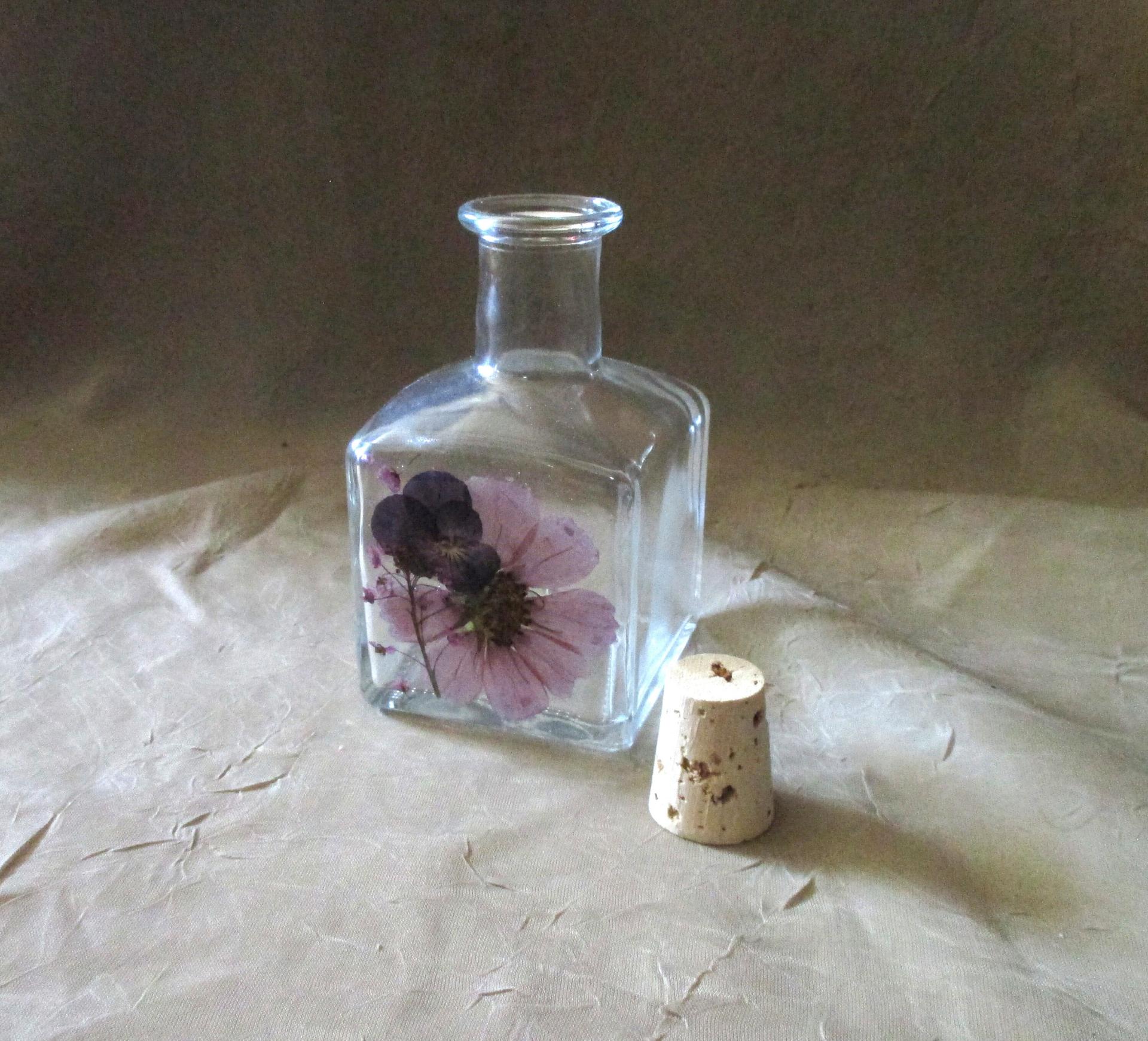 Small Floral Cork Bottle, Decorative Bottle - 5oz - Glass Bottle with Dried Flowers embedded in Resin