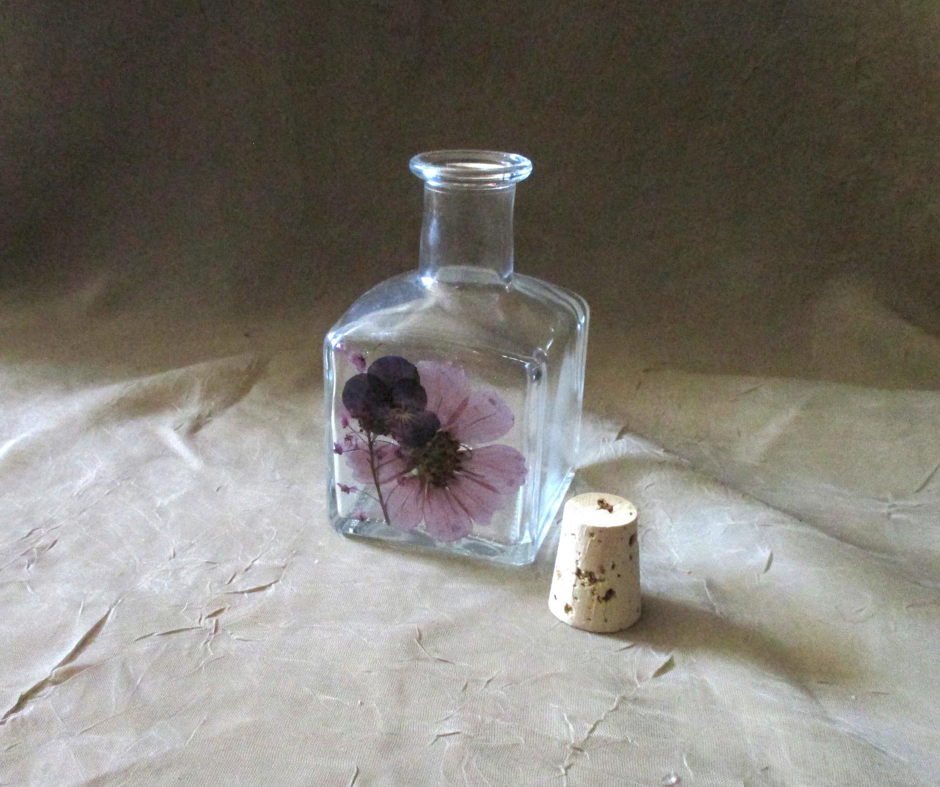 Small Floral Cork Bottle, Decorative Bottle - 5oz - Glass Bottle with Dried Flowers embedded in Resin